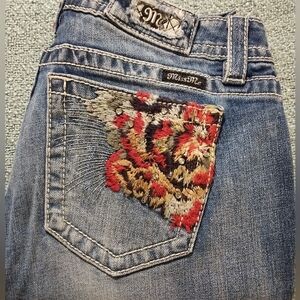 Miss Me Blue Jeans with Red and Gold Embroidery